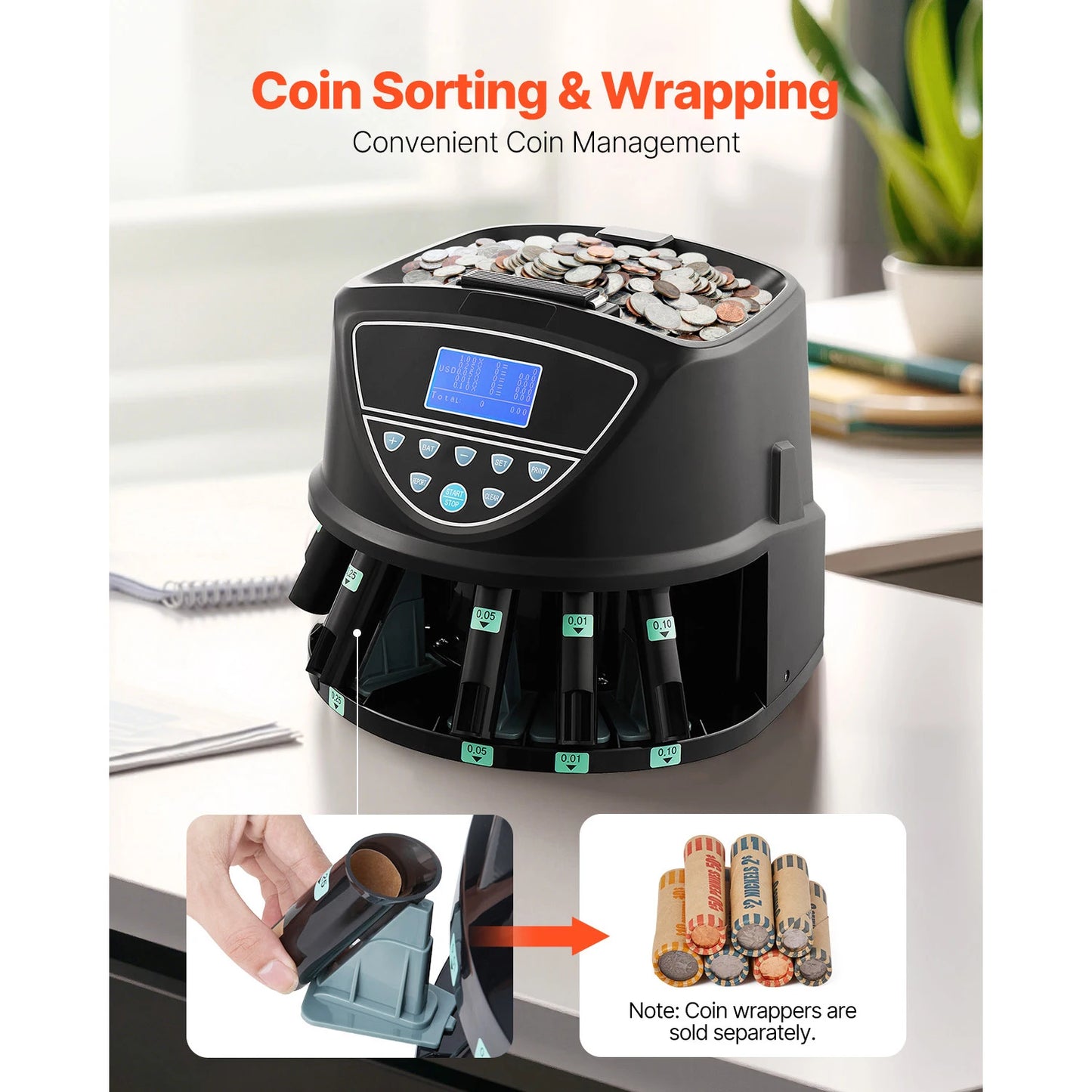 SucceBuy Coin Sorter Coin Counter Machine for 5 Kinds of USD Coins Coin Sorter & Wrap Machine Holds up to 2000 Coins LCD Screen