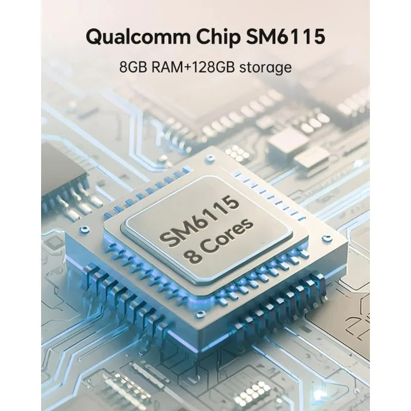 Qualcomm SM6115 8-core processor chip on a blue-toned PCB