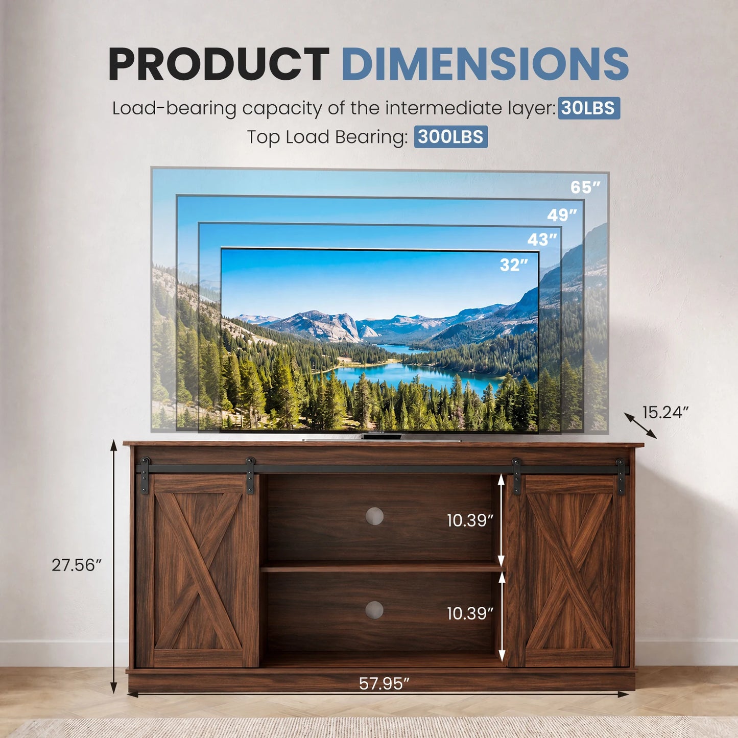 MCQ wood storage TV console by S And B Enterprise with barn-door compartments and open shelves in dark finish.
