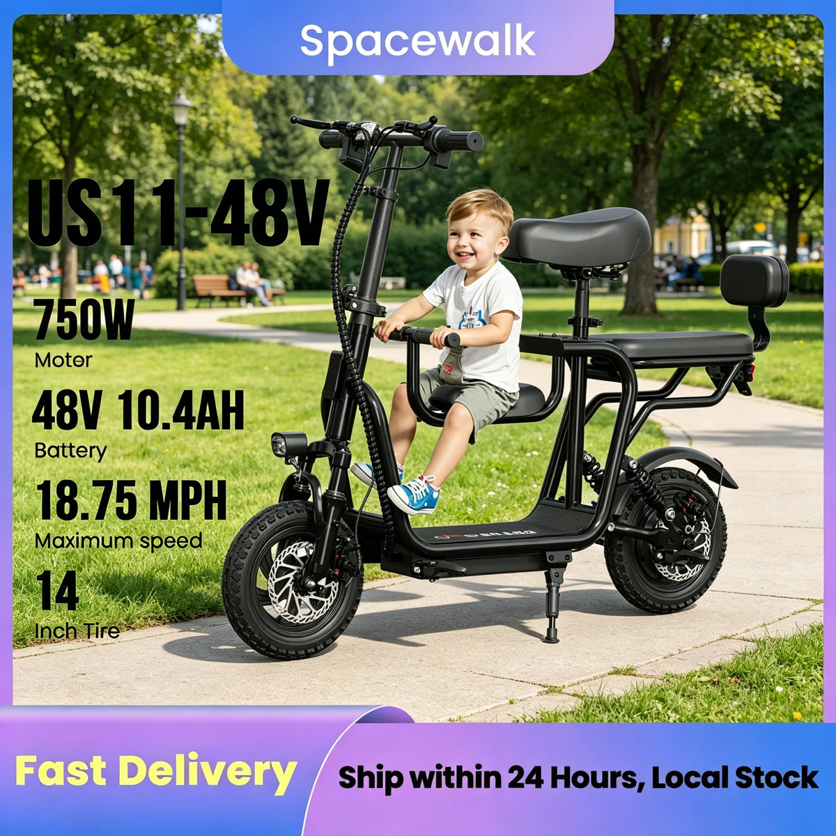 Spacewalk electric scooter with seat for adults by S And B Enterprise, 48V 750W, 14-inch tires