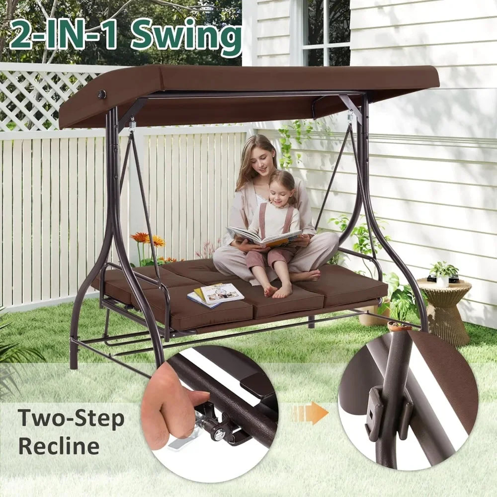 Three Seat Outdoor Patio Swing Chair With Canopy And Cushions
