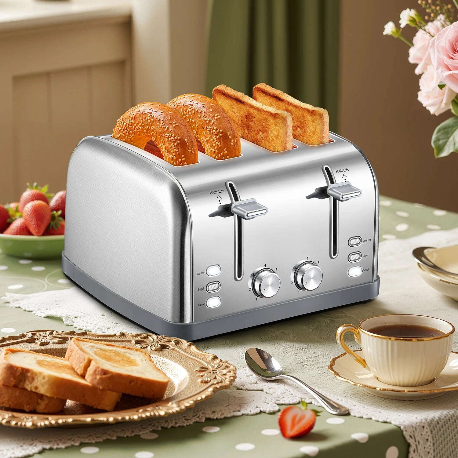 4-Slice Stainless Steel Toaster With Wide Slots Removable Crumb Tray by S And B Enterprise