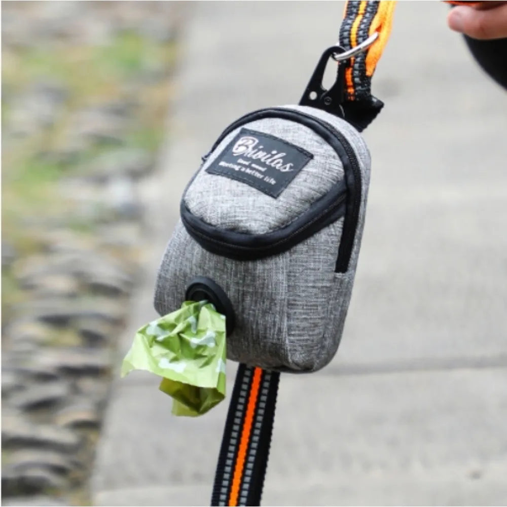 Portable dog treat bag with poop bag dispenser, grey fabric with black trim, by S And B Enterprise
