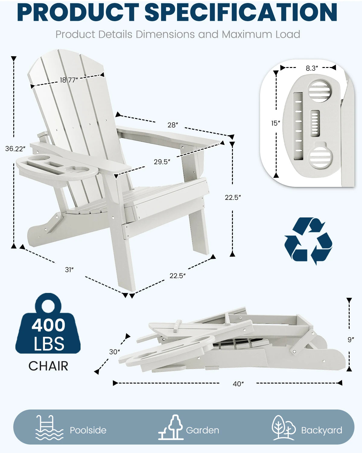 FOOWIN Folding Adirondack Chair With Cup Holder Outdoor by S And B Enterprise