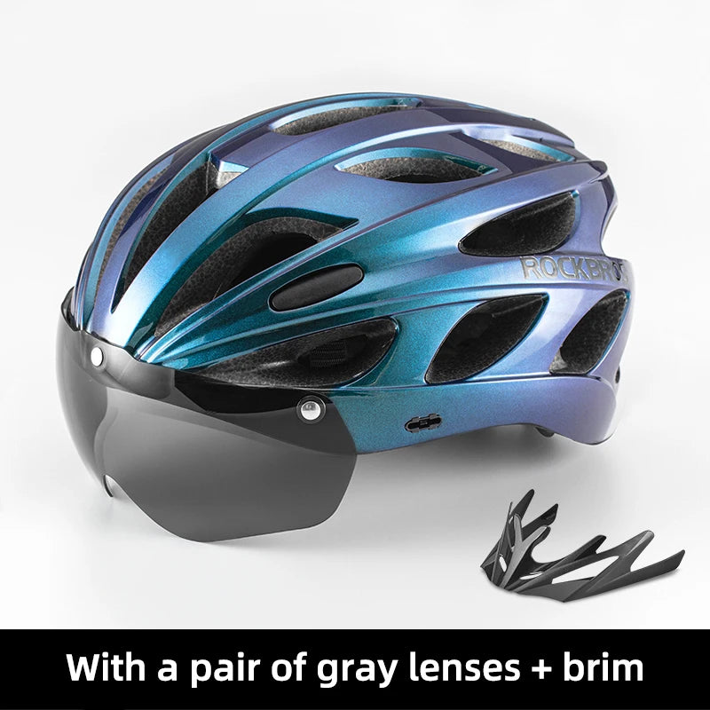 ROCKBROS bike helmet in blue metallic with vents, includes detachable gray lens visor and brim