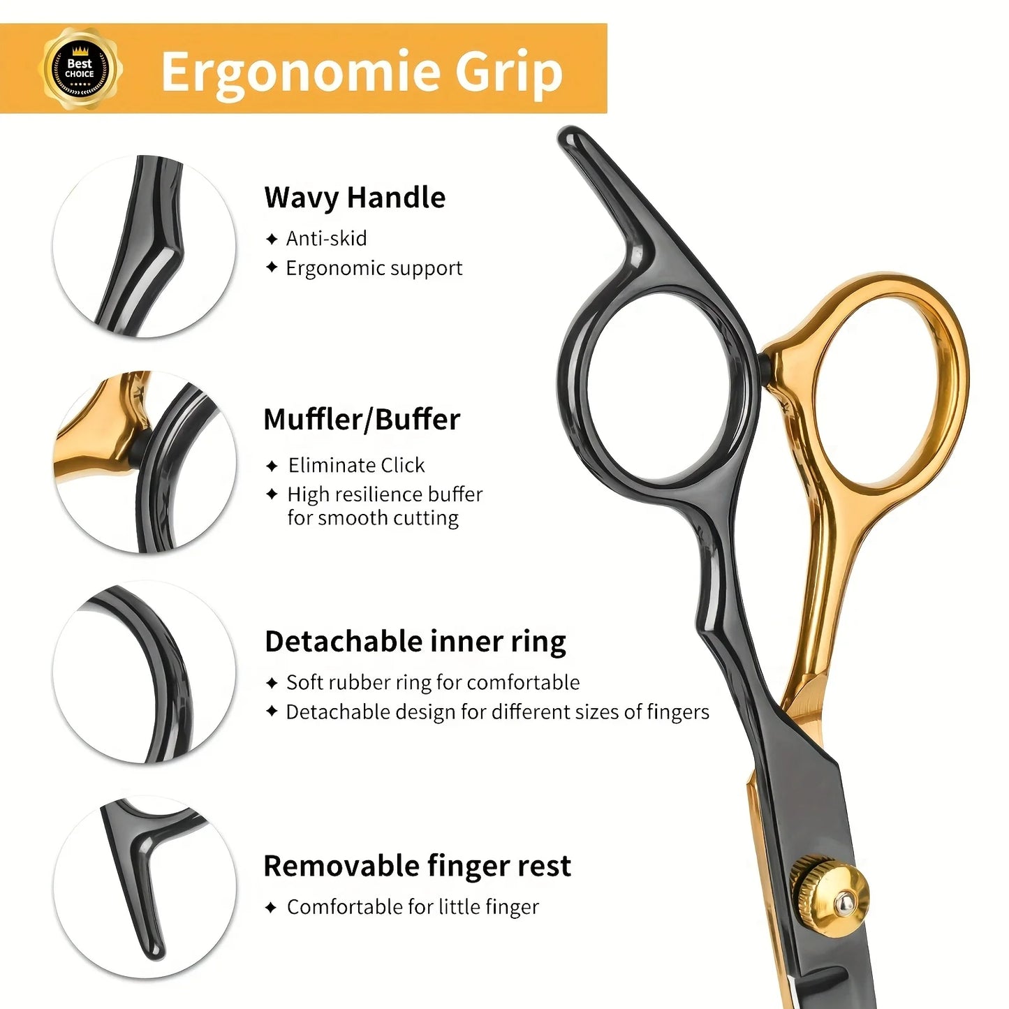 Professional stainless steel hair cutting scissors with black and gold ergonomic grip by S And B Enterprise