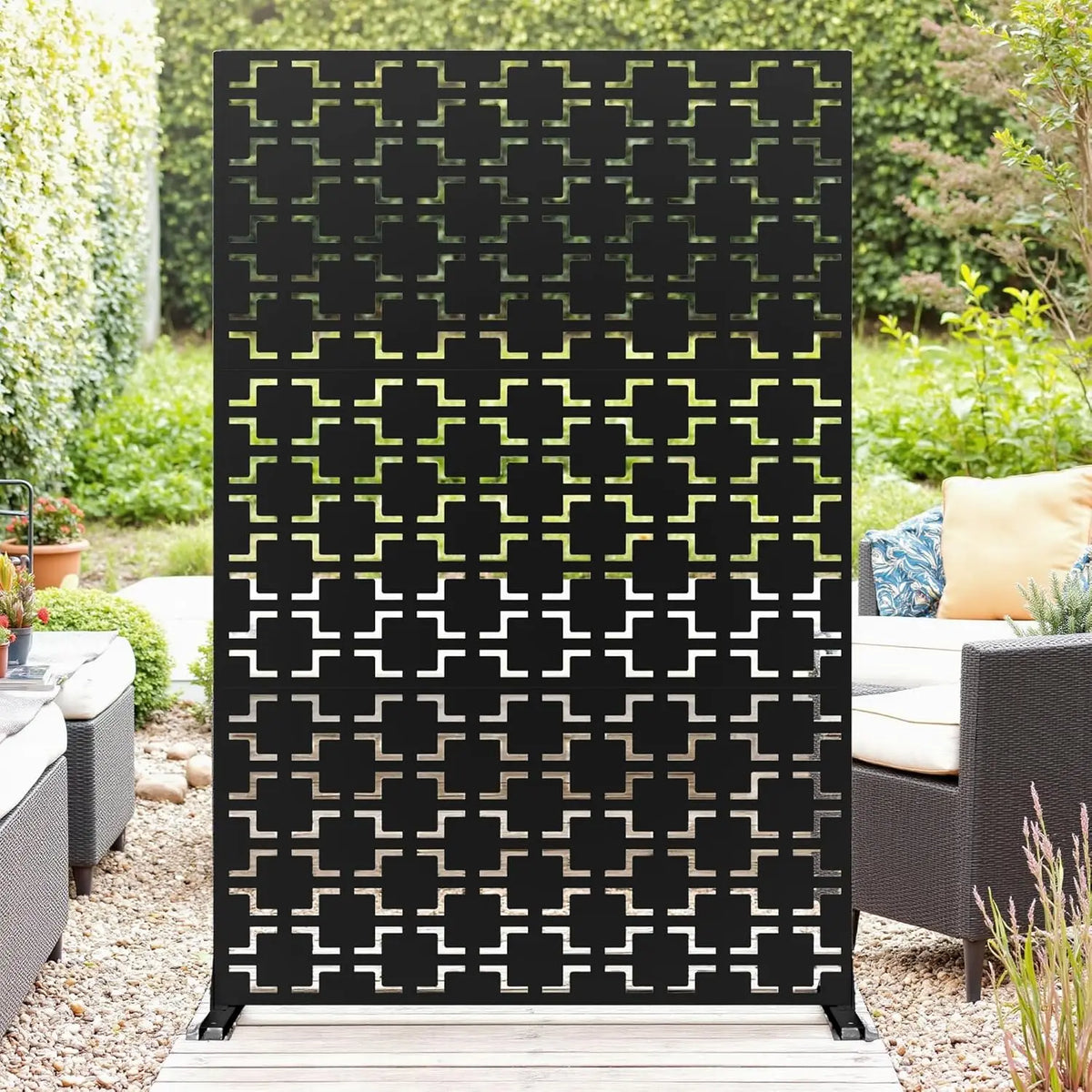 Decorative garden privacy screen with stand, black metal panel with geometric cutouts, 120x183cm outdoor divider.