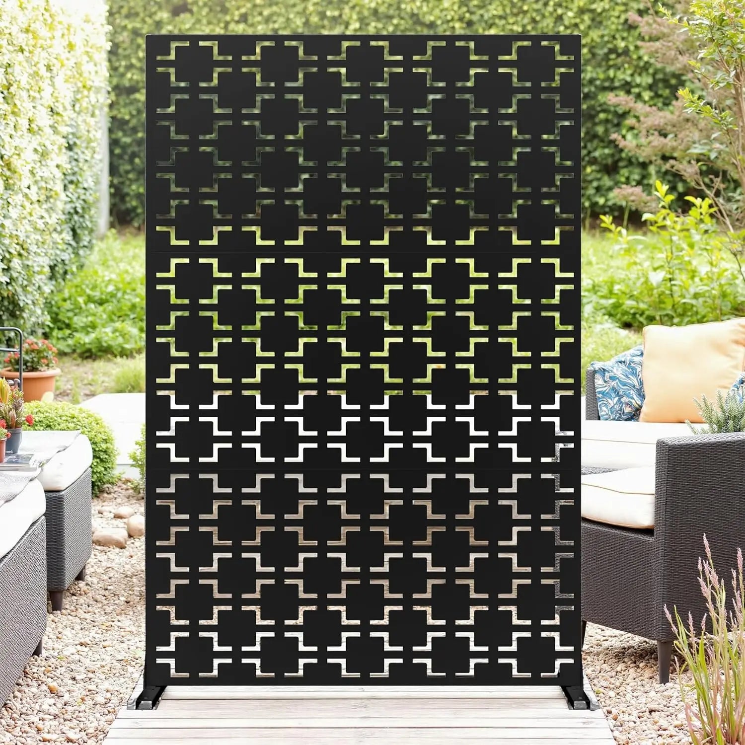 Decorative garden privacy screen with stand, black metal panel with geometric cutouts, 120x183cm outdoor divider.