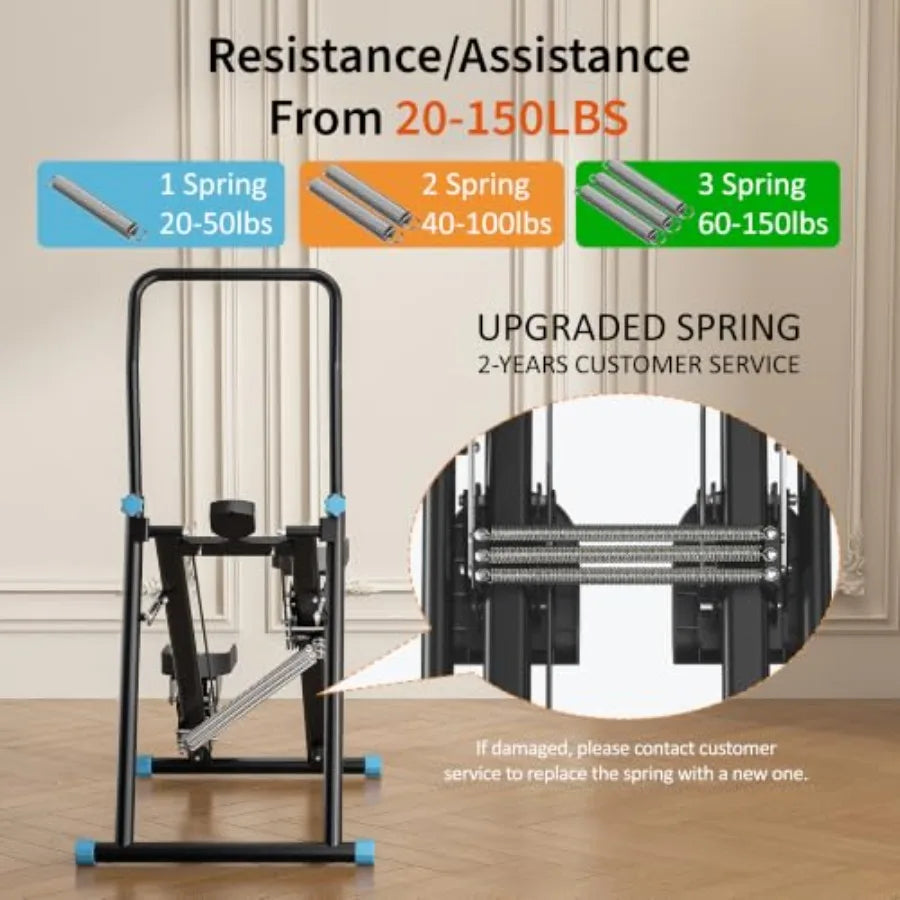 Vertical climber, black steel frame with blue accents, folding home gym stair stepper by S And B Enterprise.