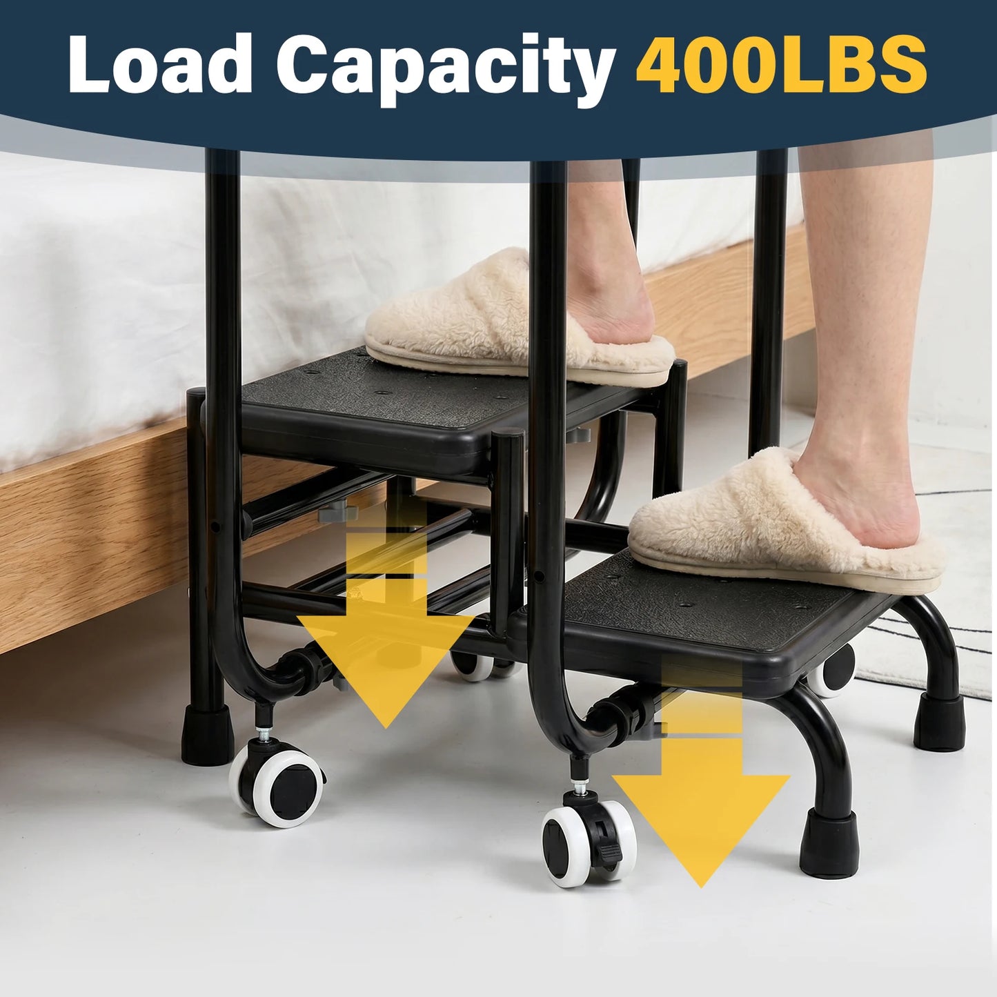 2-step black metal folding stool with handrail, non-slip steps and rolling wheels for portable use.