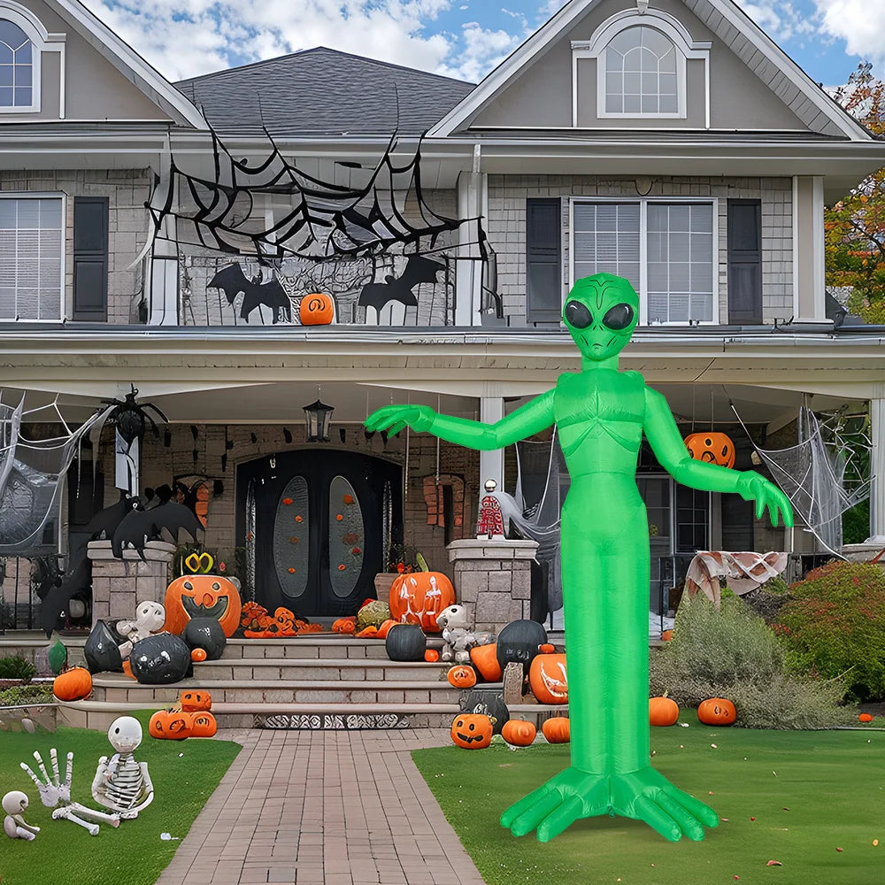 9 ft tall green alien inflatable with built-in LEDs for outdoor Halloween yard decor by S And B Enterprise