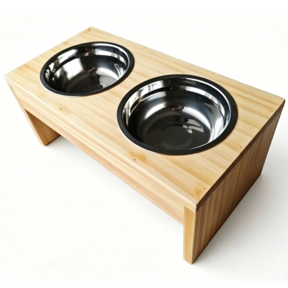 Wooden Elevated Dog Bowls, Raised Pet Feeder with Stainless Steel Double Bowls, Non-Slip Dog Food Water Stand for Medium Large Dogs by S And B Enterprise