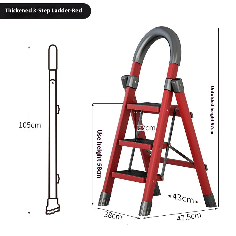 Adjustable zigzag folding ladder, red carbon-steel, 3–6 steps, by S And B Enterprise for home and garden