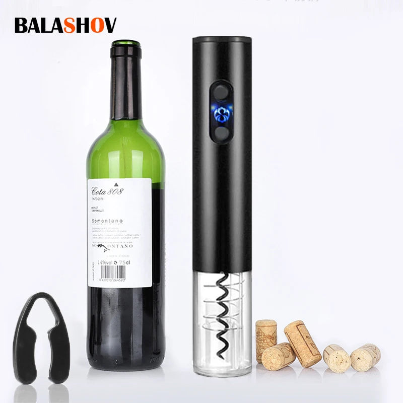 Electric wine opener corkscrew, black with blue LED, foil cutter and corks shown beside a wine bottle.