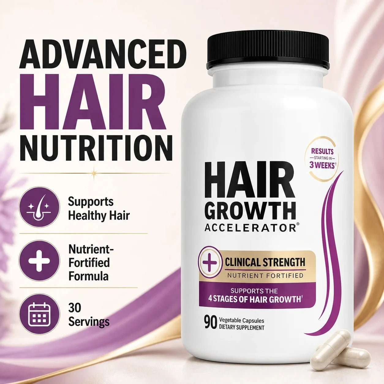 Hair Growth Accelerator capsules on white bottle with purple label, 90 capsules