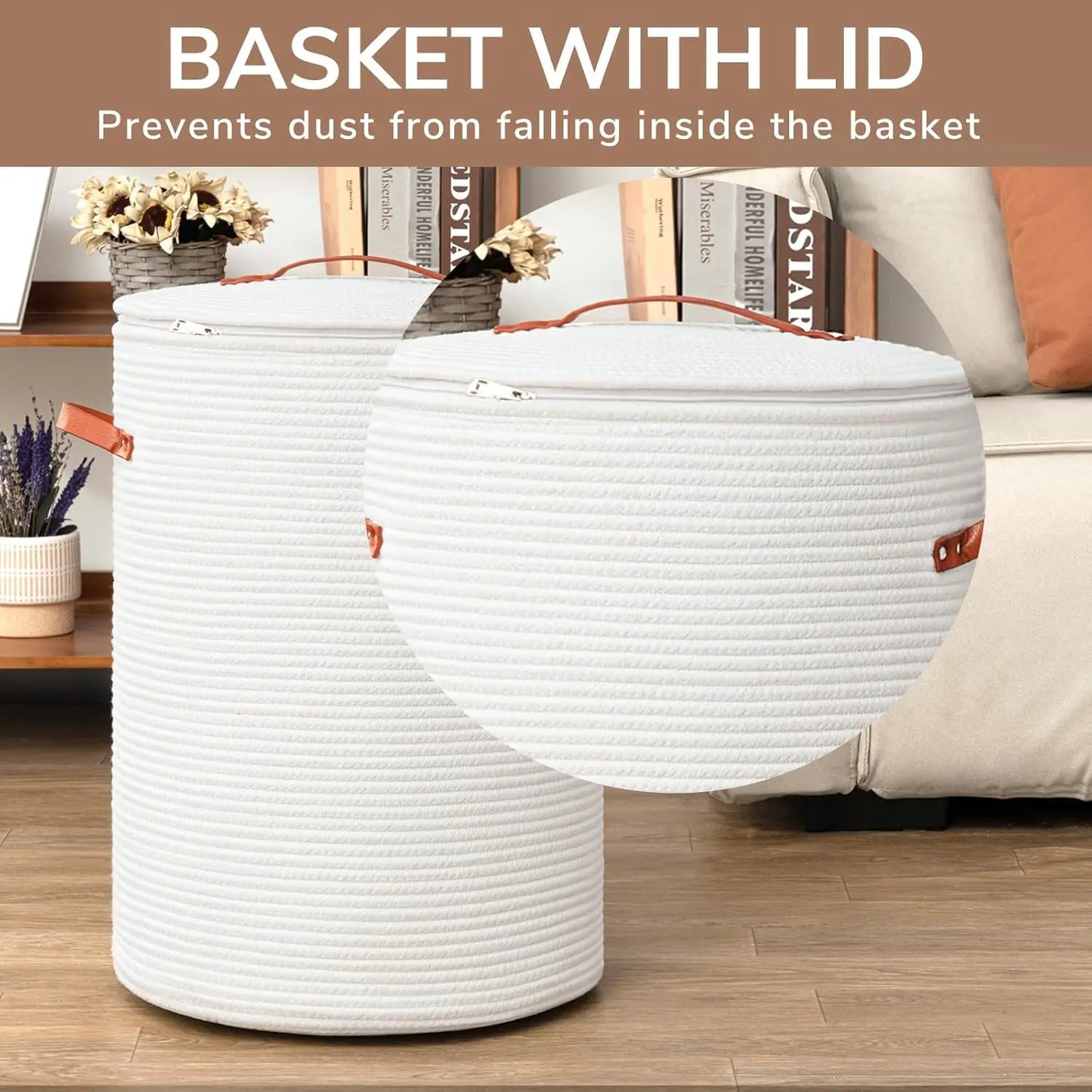 Tall Laundry Basket With Lid Cotton Rope Storage Hamper