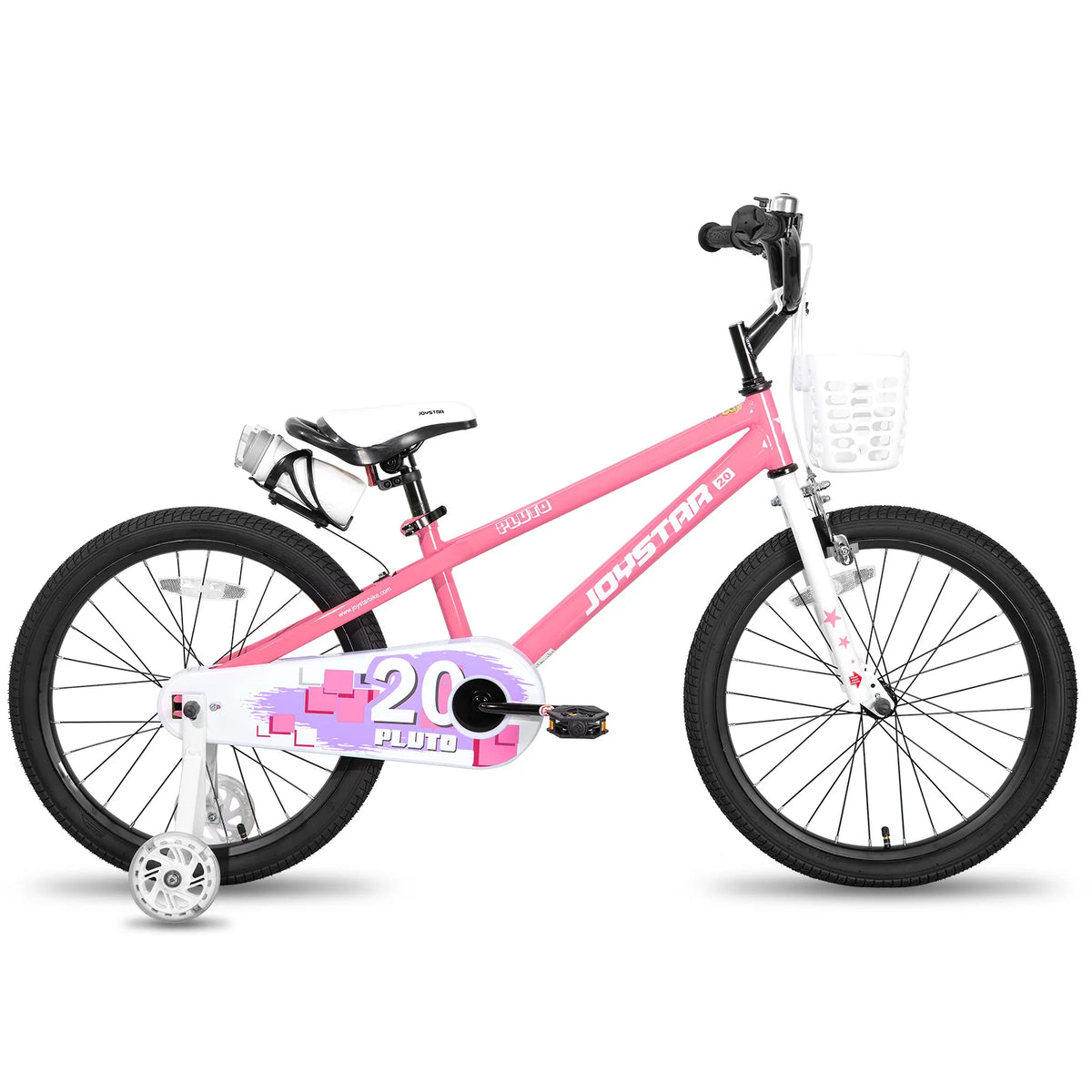 JOYSTAR pink kids' bicycle with white training wheels, front basket, and white saddle
