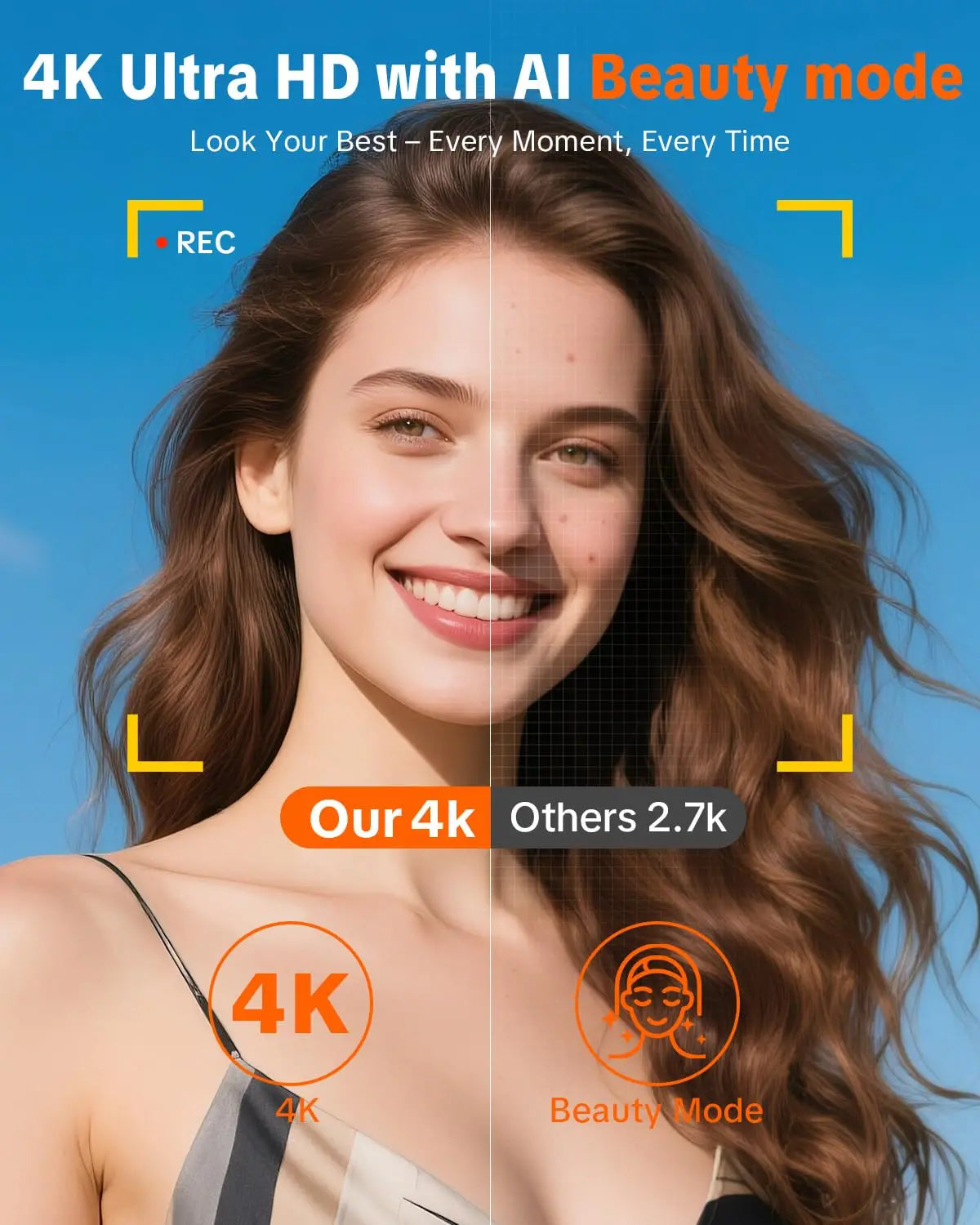 4K digital camera ad showing a smiling woman with split-screen beauty mode comparison (4K vs 2.7K)