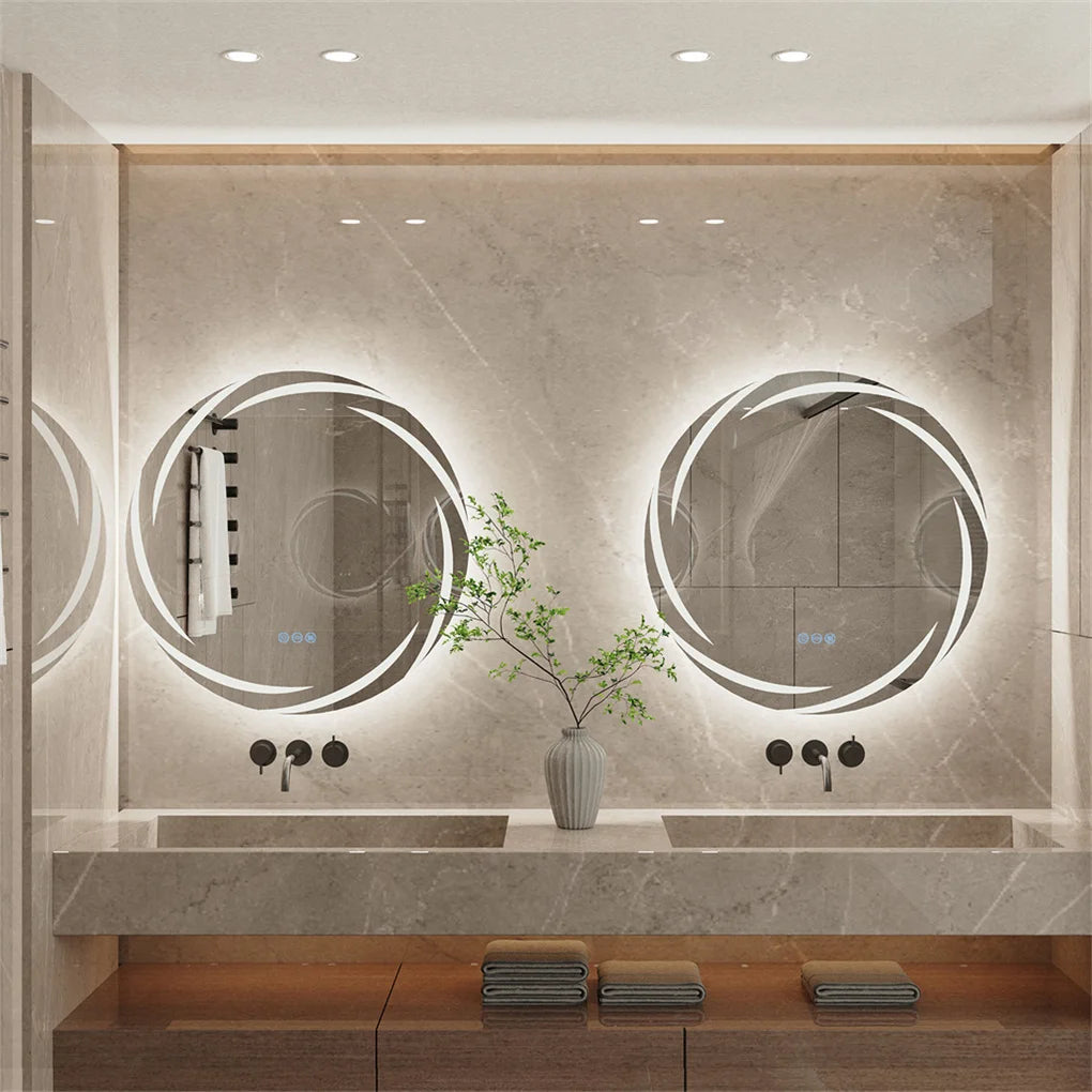 Pair of round anti-fog LED bathroom mirrors with backlit rings, 3-color lighting, shatterproof, wall-mounted.