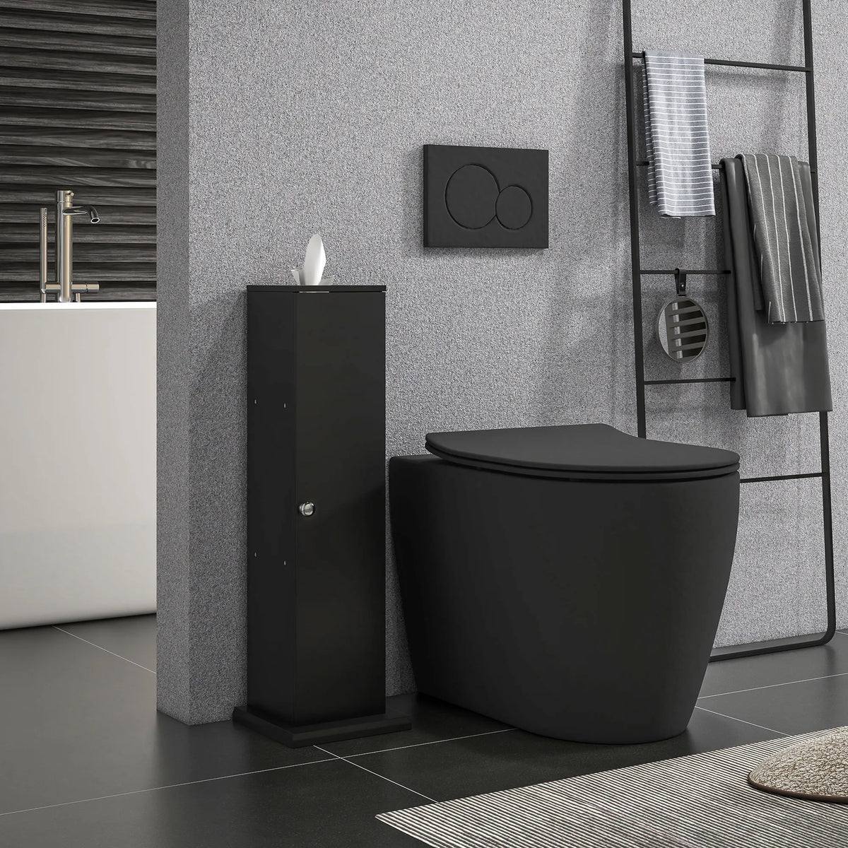 Homcom toilet paper cabinet, black slim corner bathroom storage with doors beside a black toilet
