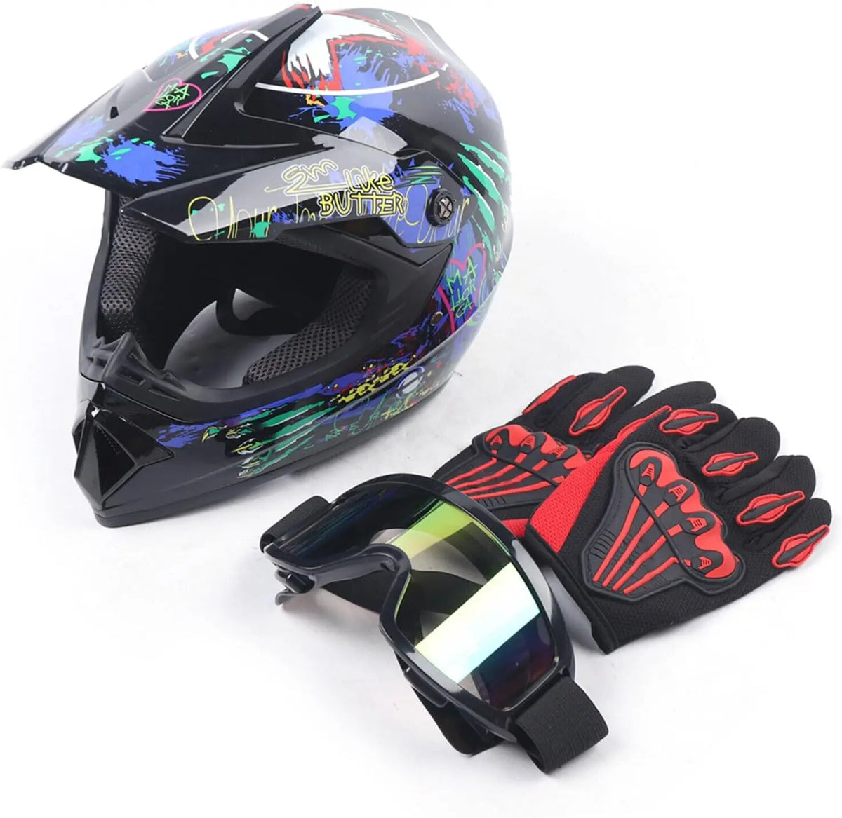 S And B Enterprise full-face motorcycle helmet with multicolor graffiti design, plus goggles and red–black gloves