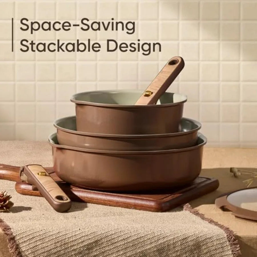 Ceramic cookware set with detachable handles; brown nonstick pots and pans, stackable, induction and oven safe