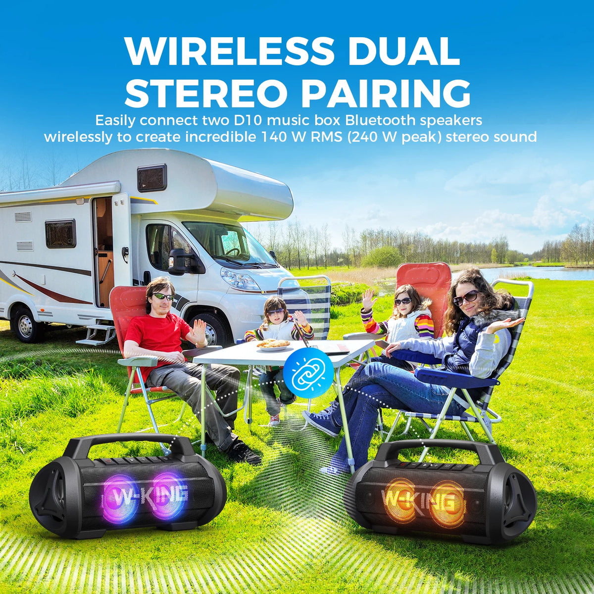 W-KING D10 Bluetooth speaker pair with LED lights, portable 120W boombox for outdoor use