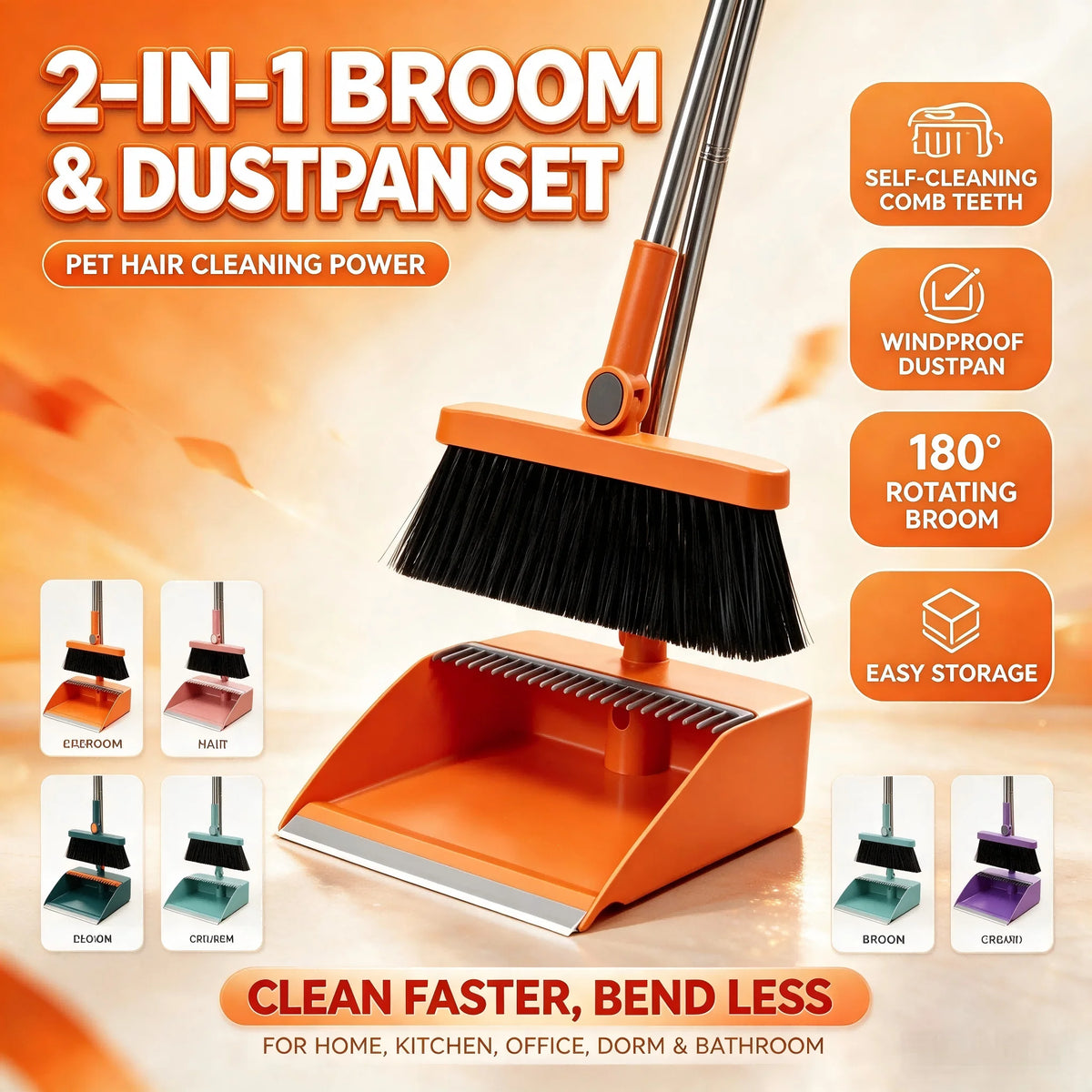 2-In-1 Foldable Broom And Dustpan Combo Set , Long Stainless Steel Handle Self-Cleaning Comb Teeth Floor Sweeping Kit, Windproof Dustpan For Pet Hair Quick Dust Removal, Household Cleaning Supplies For Home Dorm Office Bathro