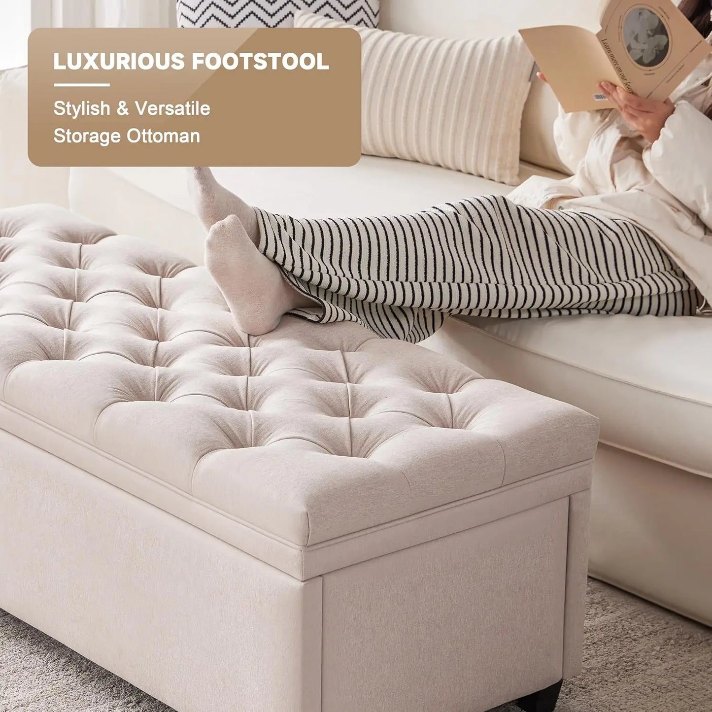Tufted Storage Ottoman Bench With Linen Top For Living Room