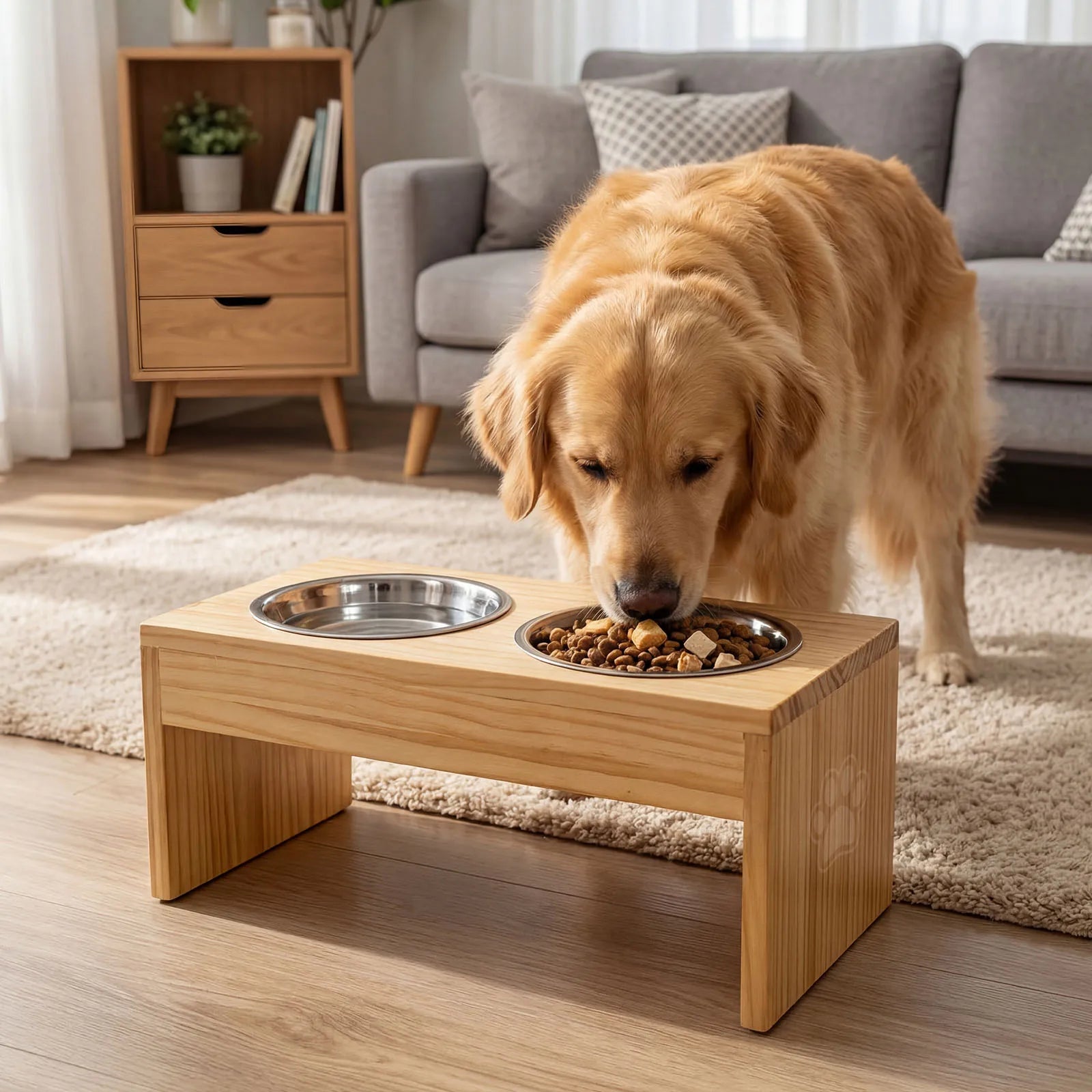 Wooden Elevated Dog Bowls, Raised Pet Feeder with Stainless Steel Double Bowls, Non-Slip Dog Food Water Stand for Medium Large Dogs by S And B Enterprise