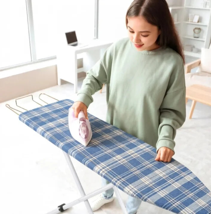 Full-size foldable ironing board with adjustable height, heat-resistant blue plaid cover and non-slip legs