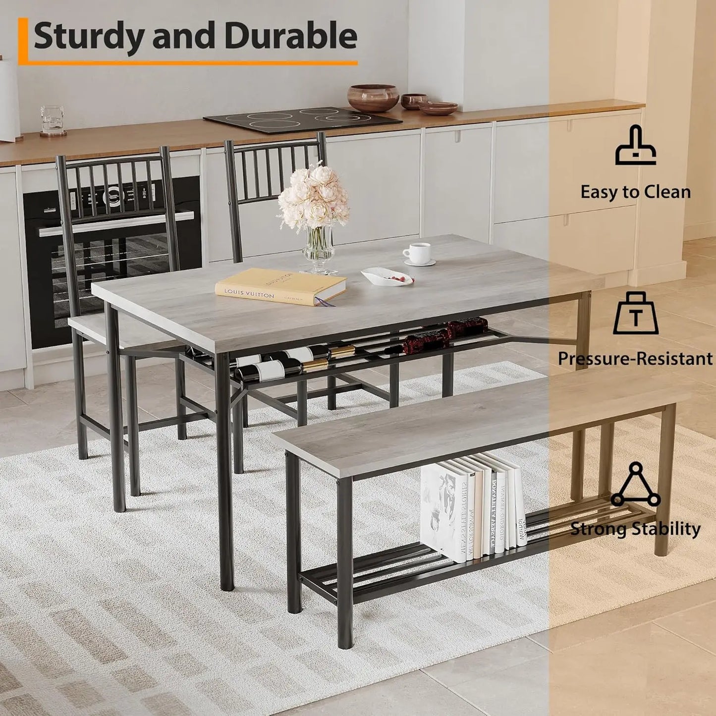 Dining Table Set For 4 With Bench And 2 Chairs 2-Tier Storage Shelf Space-Saving Kitchen Table For Breakfast Nooks Small Apartments by S And B Enterprise