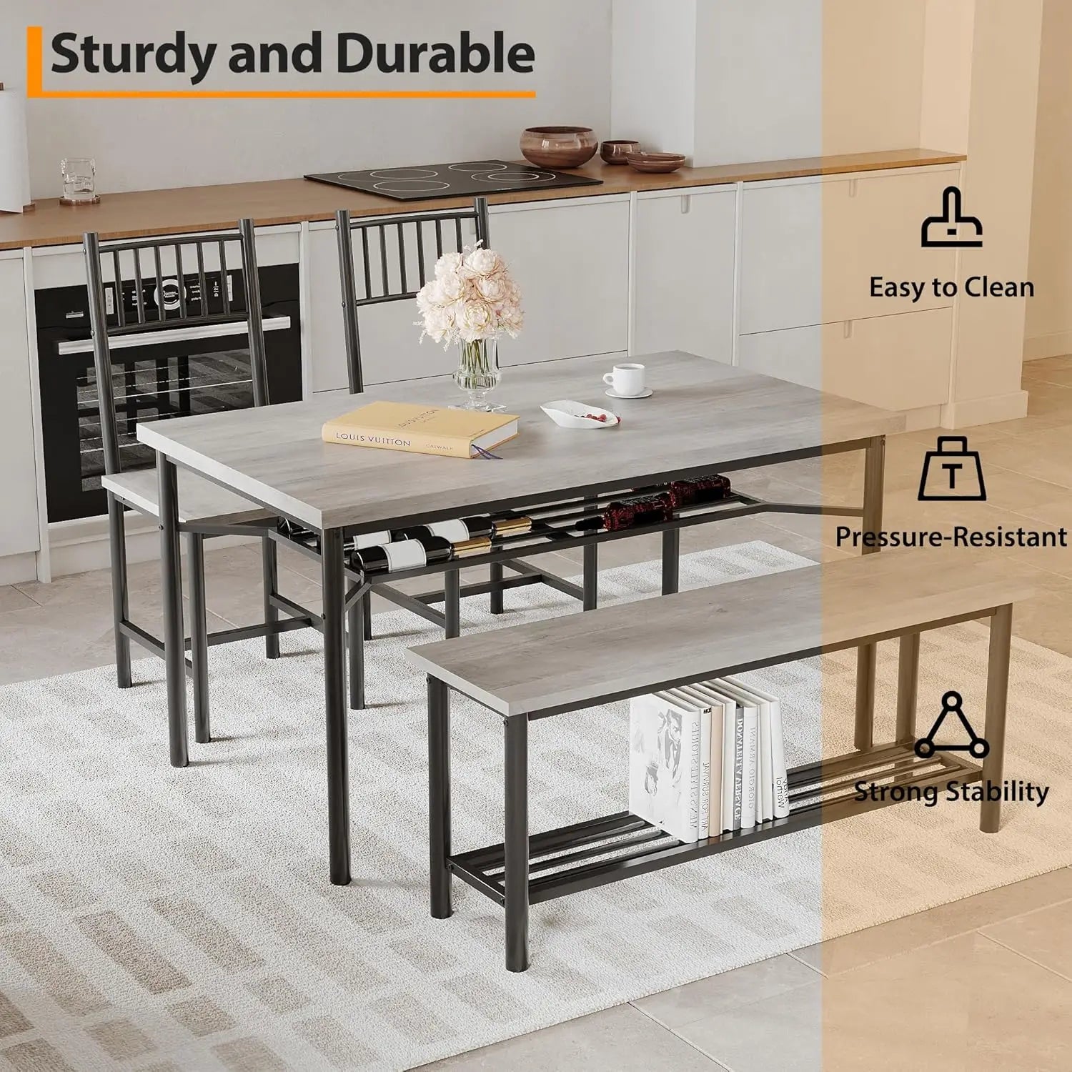 Dining Table Set For 4 With Bench And 2 Chairs 2-Tier Storage Shelf Space-Saving Kitchen Table For Breakfast Nooks Small Apartments by S And B Enterprise