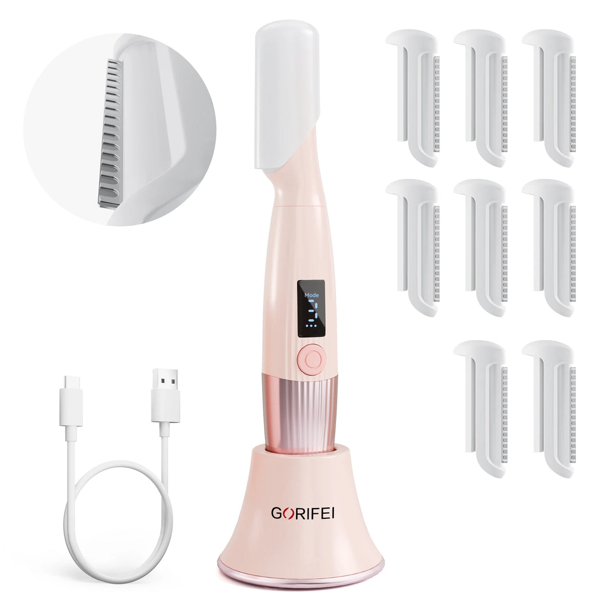 Gorifei pink sonic dermaplaning razor for women with replaceable blade heads and USB charging cable