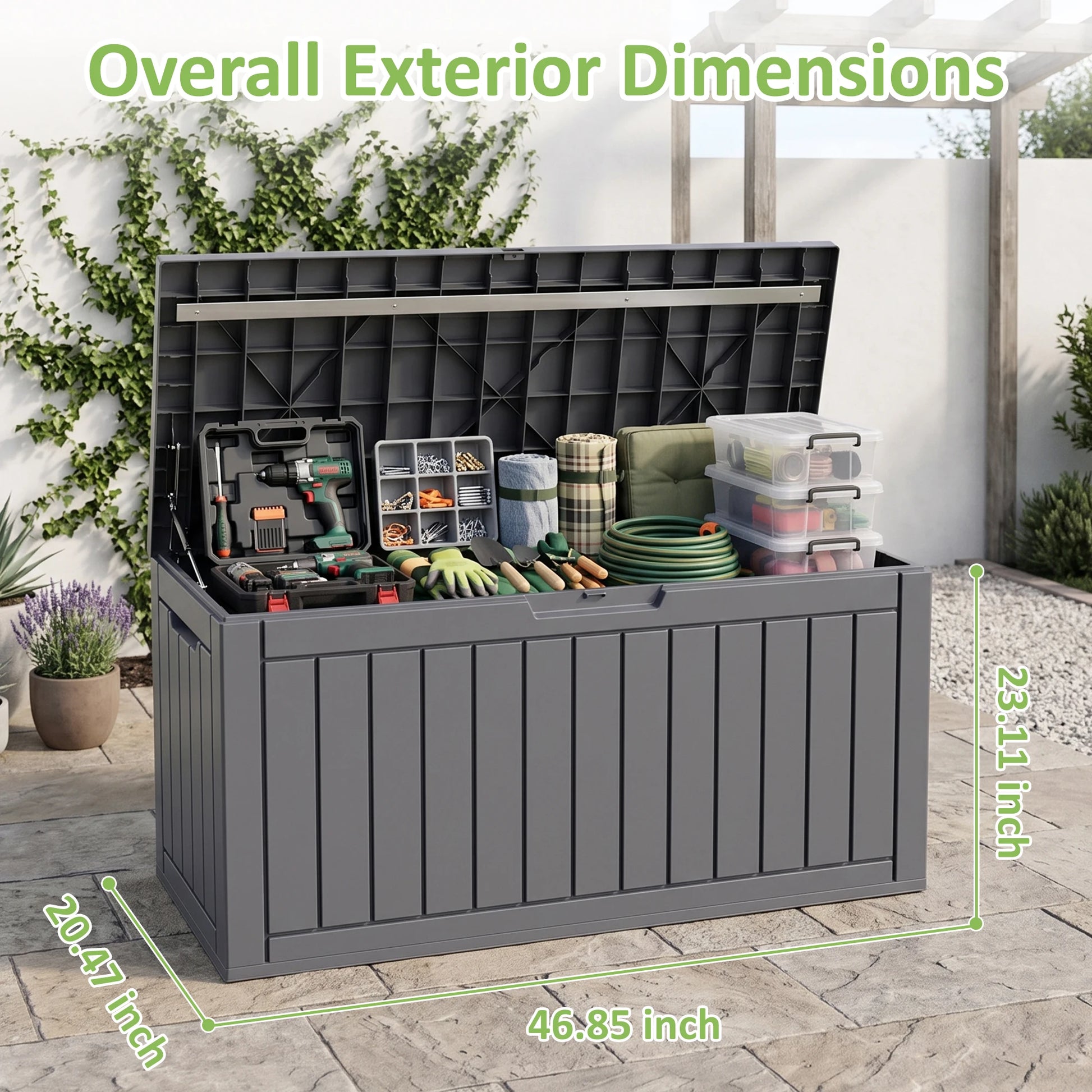 S And B Enterprise 90-Gallon outdoor deck storage box in gray weather-resistant plastic, opened to show tool organizers.