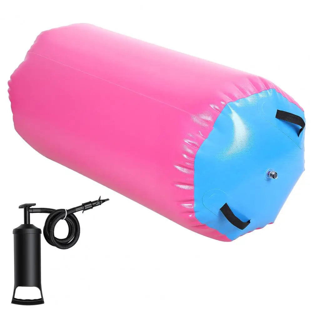Air roller gymnastics barrel; inflatable pink body with blue ends, includes hand pump for home gym and yoga training