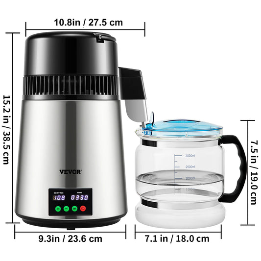 SucceBuy 4L water distiller purifier with VEVOR stainless steel body and touch screen; 2-piece glass 3000ml bottle.