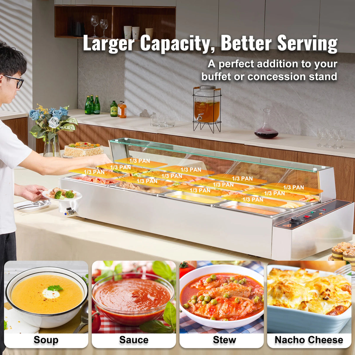 SucceBuy commercial electric steam table warmer with glass cover, stainless steel, and temperature control for buffet