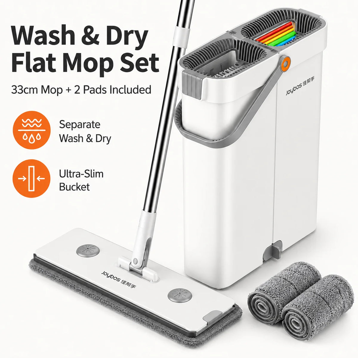 Joybos Ultra-Slim Flat Mop and Bucket System with 2 microfiber pads, white and gray, hands-free wash & dry, 360° swivel mop