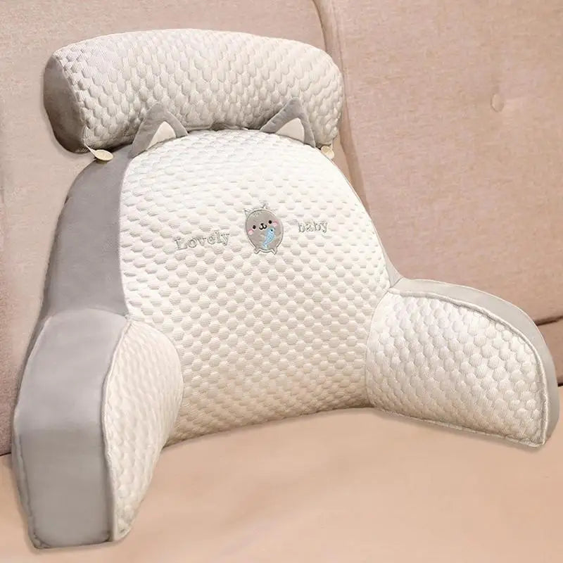 Backrest pillow with arms, ivory quilted fabric and grey armrests for reading or watching TV