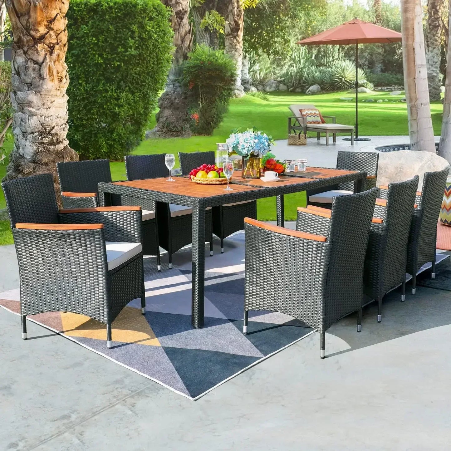 Outdoor 9 Piece Patio Dining Set With Acacia Wood Cushions