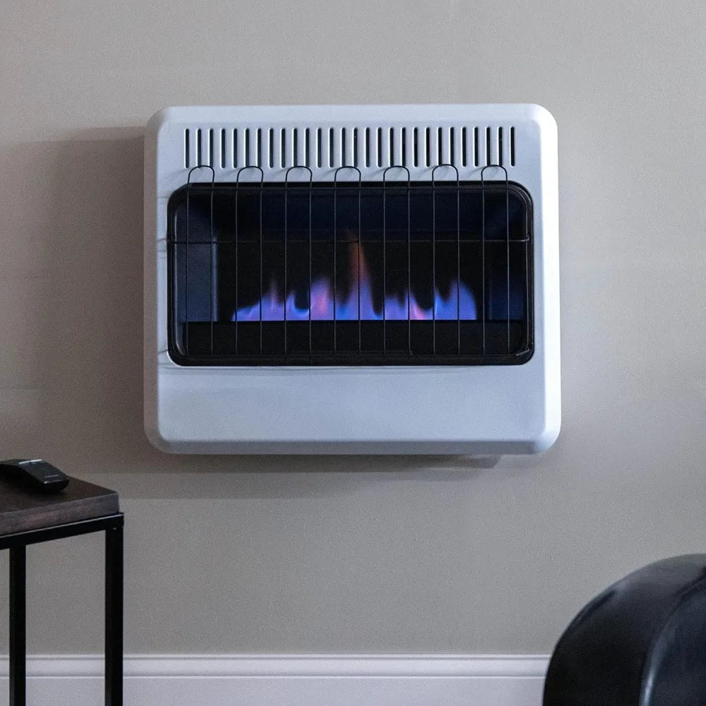 Vent-free blue-flame dual-fuel heater, 30,000 BTU, propane or natural gas, wall-mounted, white.