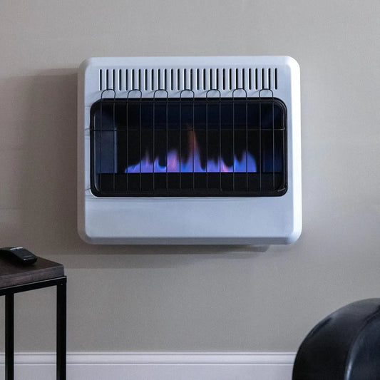 Vent-free blue-flame dual-fuel heater, 30,000 BTU, propane or natural gas, wall-mounted, white.