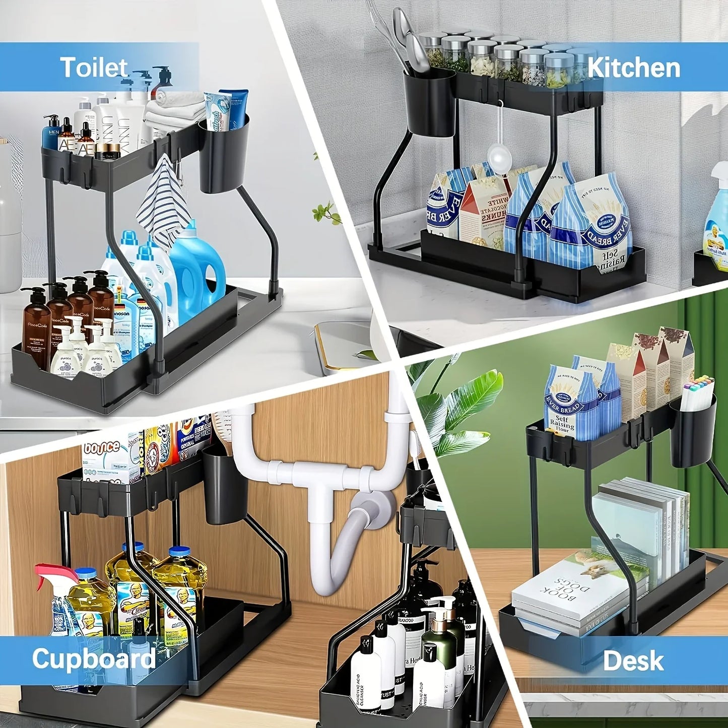 Space-Saving 2-Tier Under Sink Organizer by S And B Enterprise, black metal with pull-out storage box.