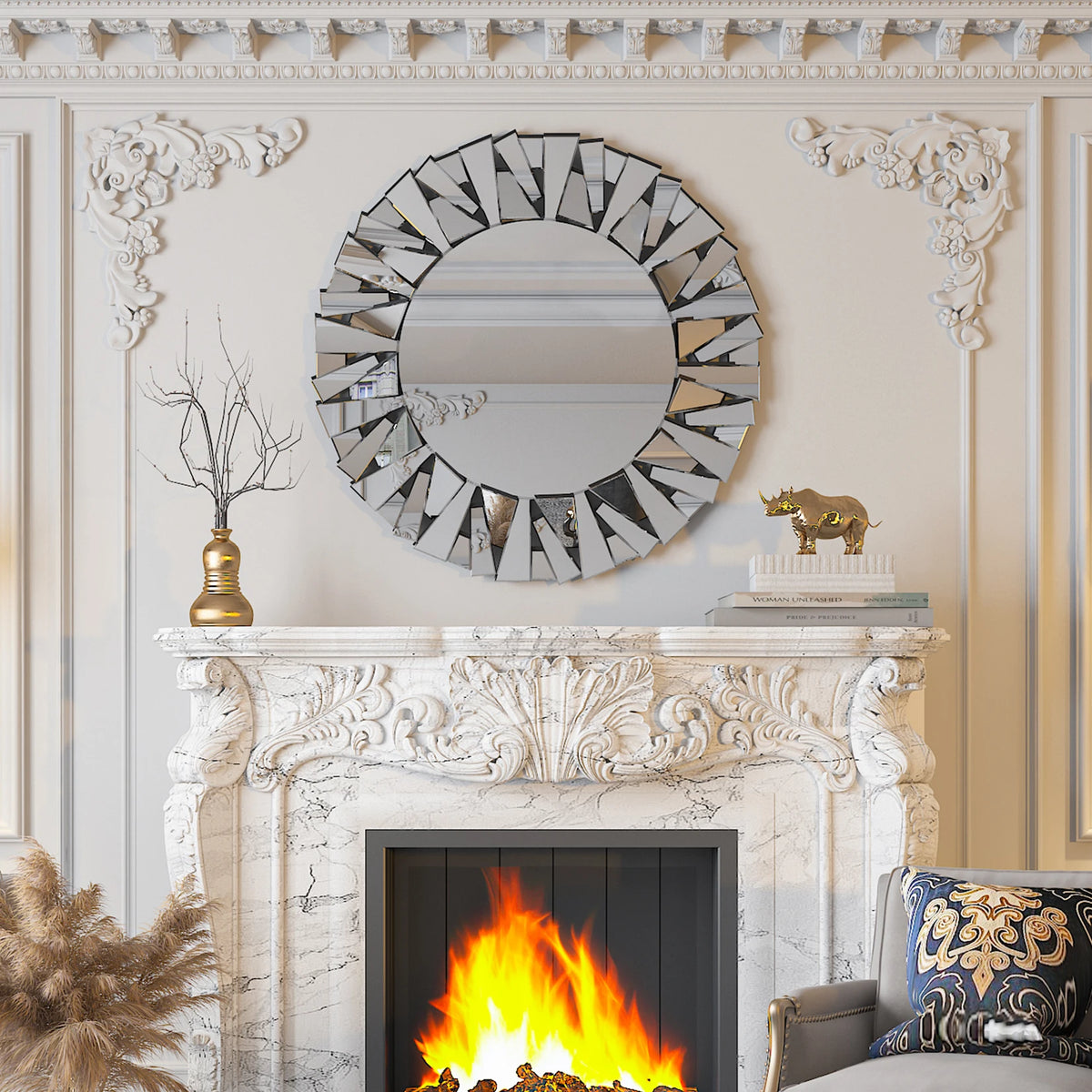Modern Round Sunburst Wall Mirror With Elegant Beveled Glass