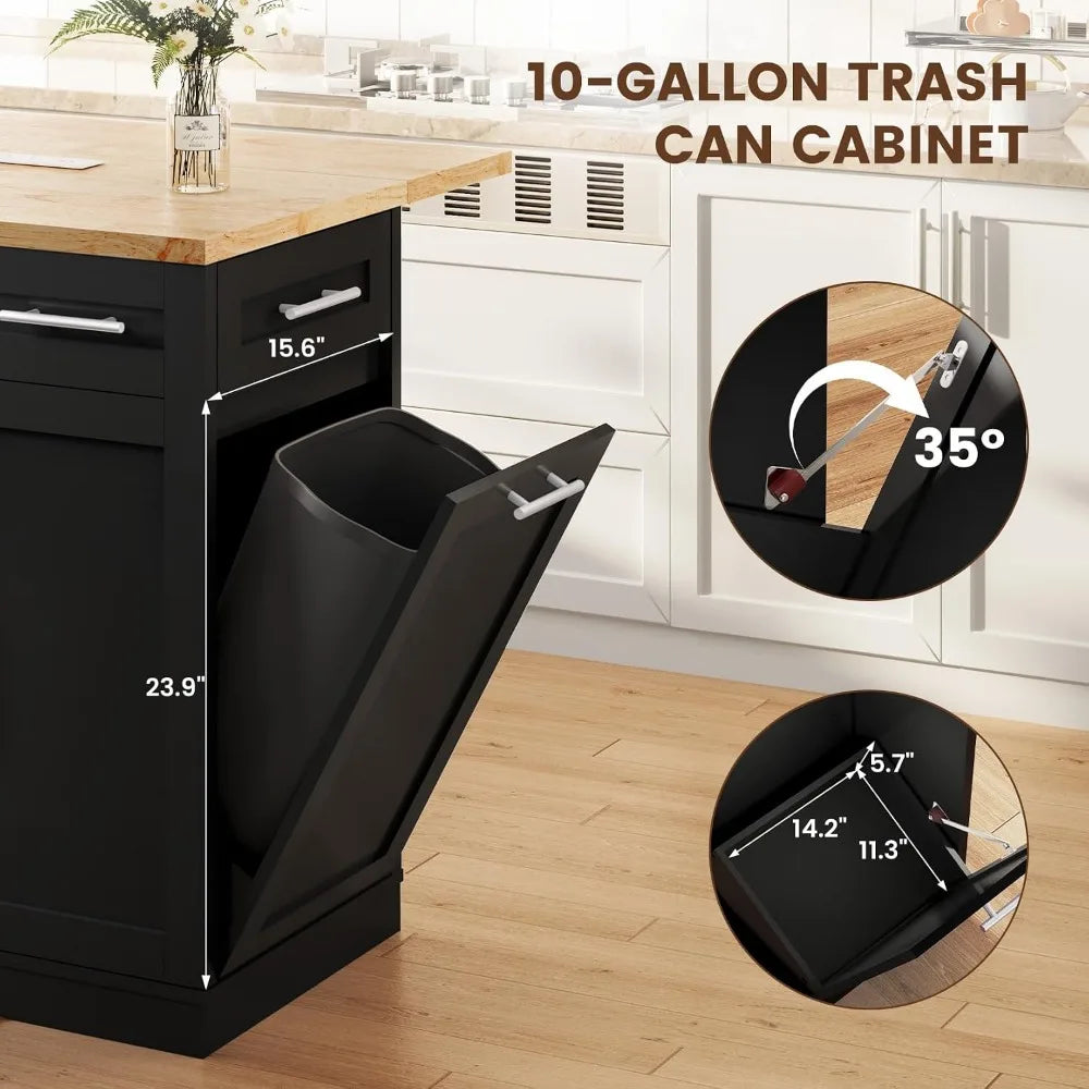 53-inch rolling kitchen island with power outlet, drop-leaf trash-can cabinet, black base with wood top by S And B Enterprise