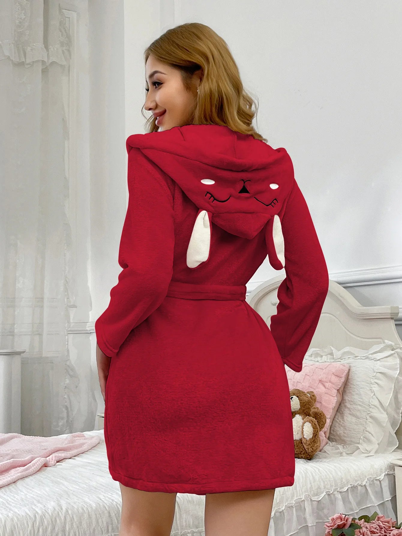 NONECN Women Winter Fluffy Bathrobe Hooded Loungewear Plush Gown