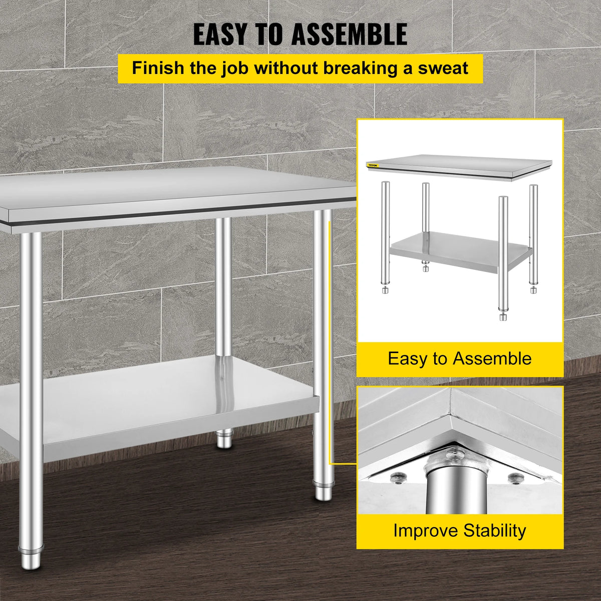 Stainless steel kitchen work bench with undershelf for commercial catering by VEVOR.