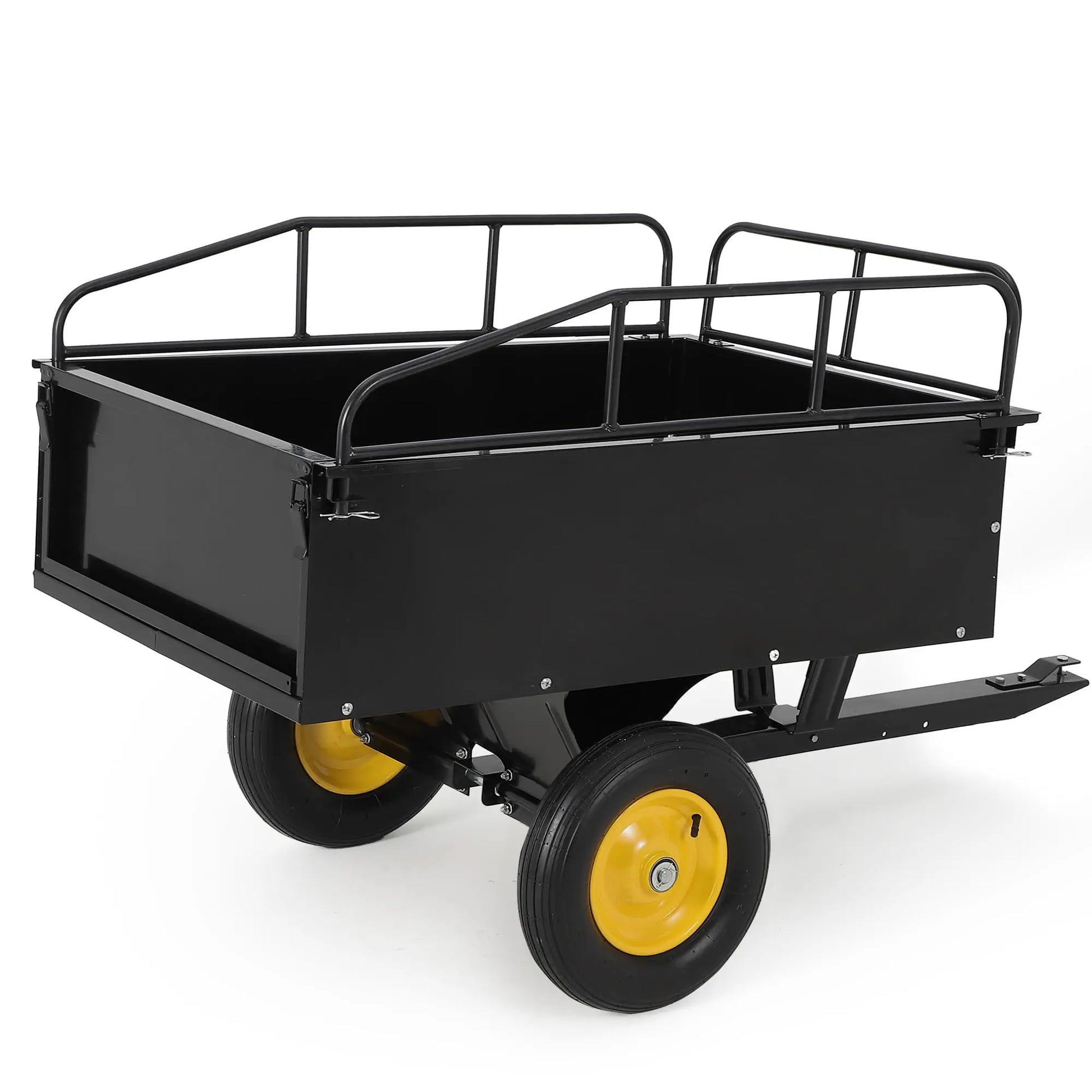 S And B Enterprise steel dump cart, 750 lb capacity, removable sides, yellow wheels