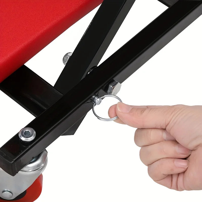 2-in-1 mechanic creeper seat with wheels; red cushion, black steel frame, 360° swivel casters